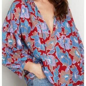 Love The Label Lucette Puff‑Sleeve Blouse – White Floral Print, Women’s Size S